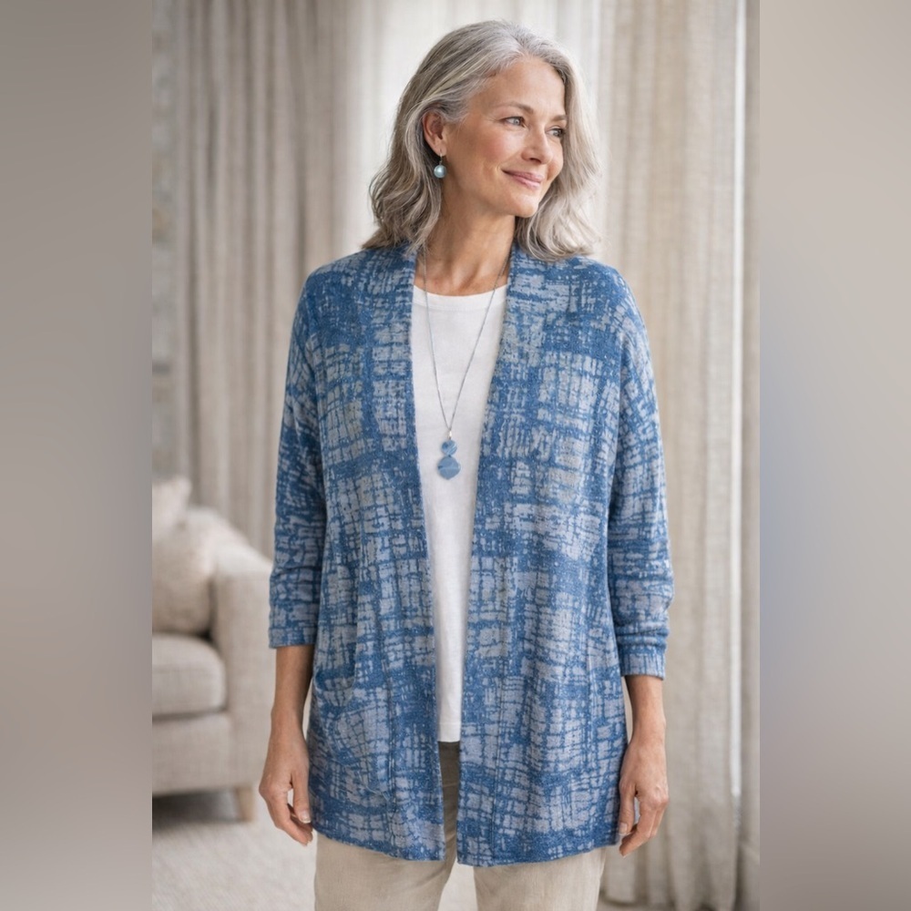 J Jill Indigo Womens Cardigan Sz Medium Blue Tonal Cotton Blend Longline Sweater